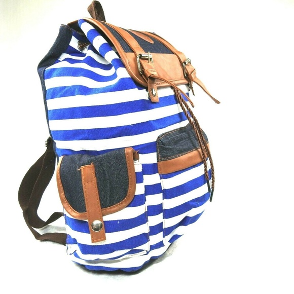 Qinghaojian Handbags - Canvas Backpack Faux Leather Blue White Stripes